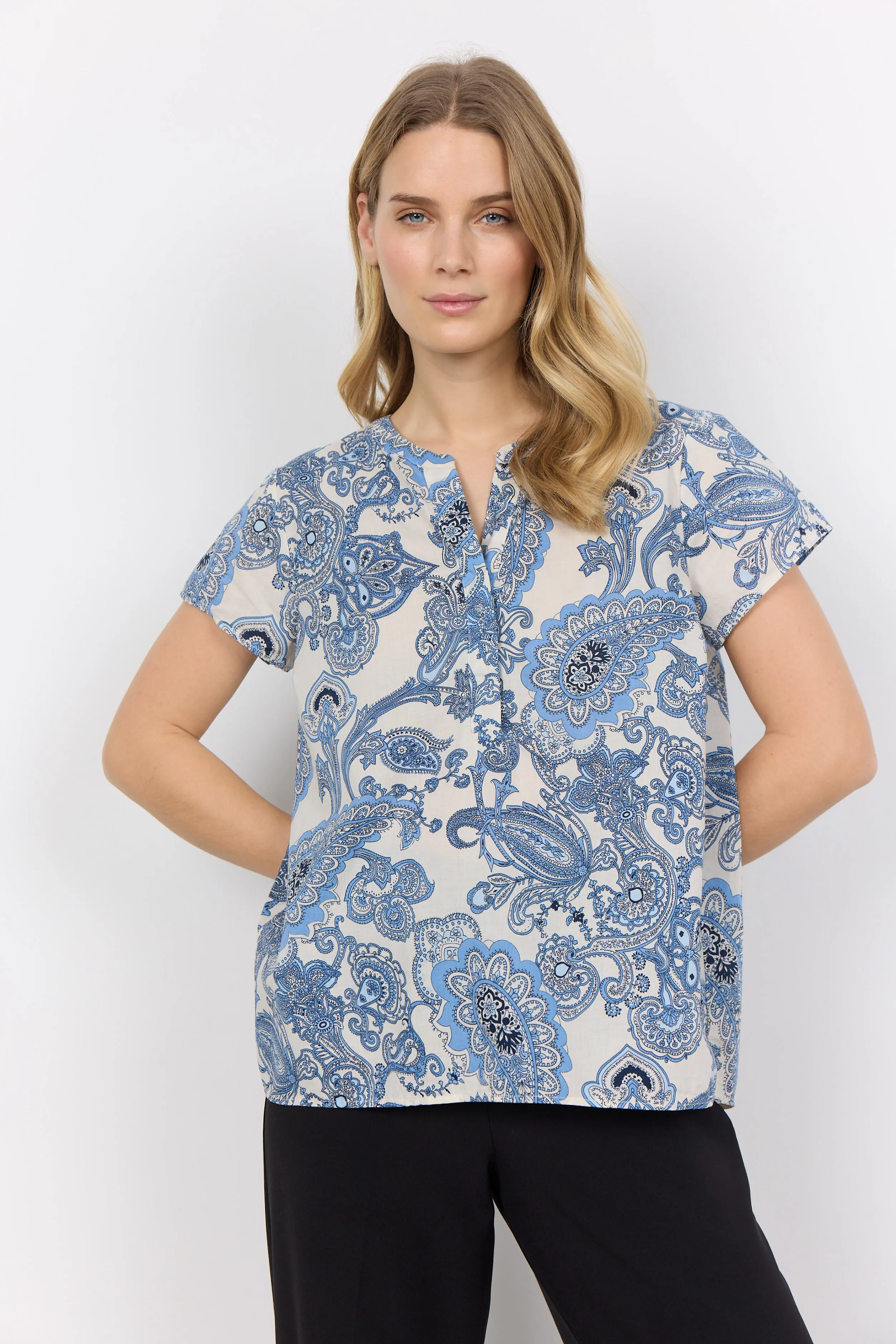 40547-  Blue and White Soft Paisley Blouse - Soya Concept