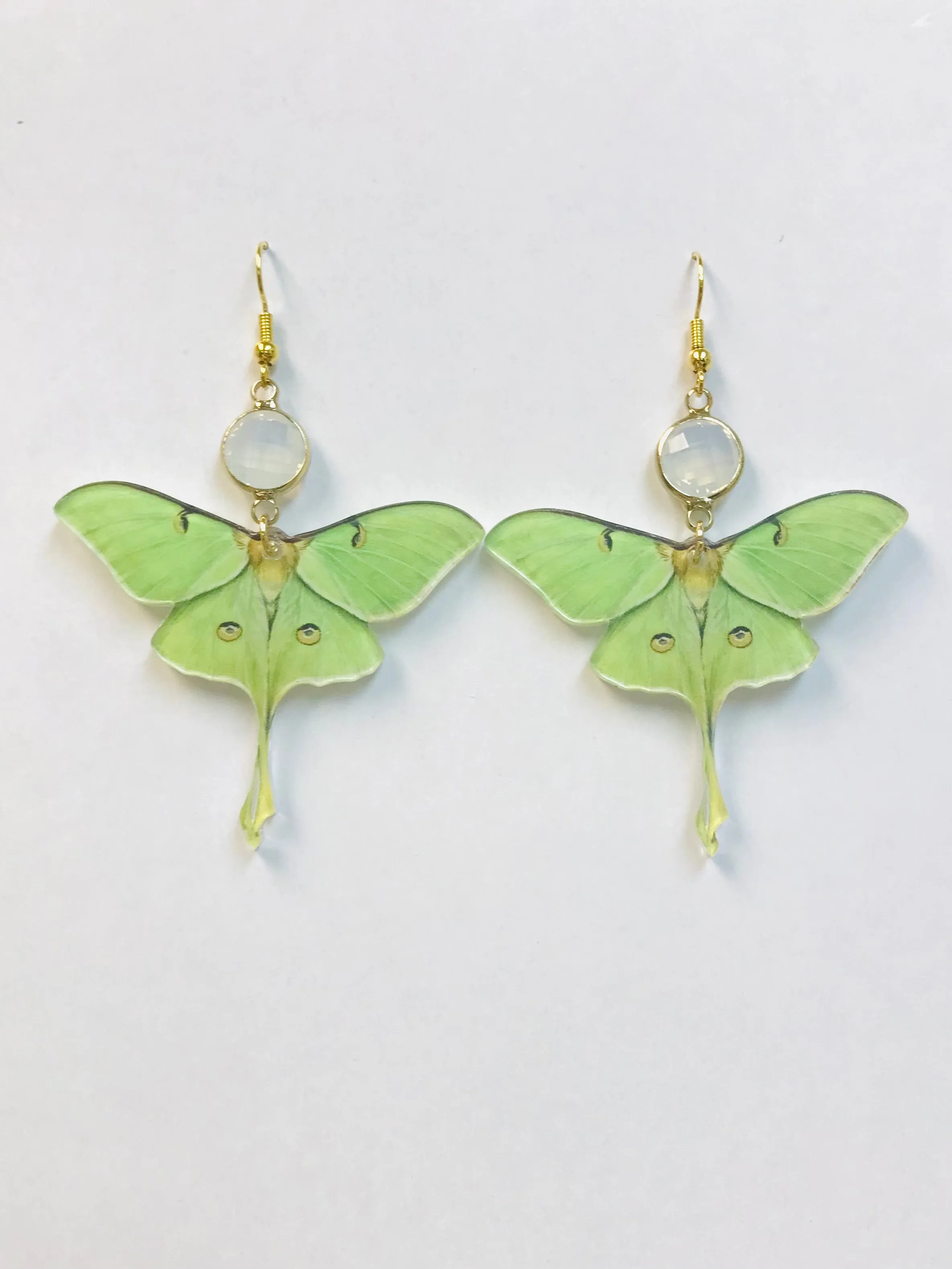 Acrylic Green Moth Earrings, New Beginning Earrings