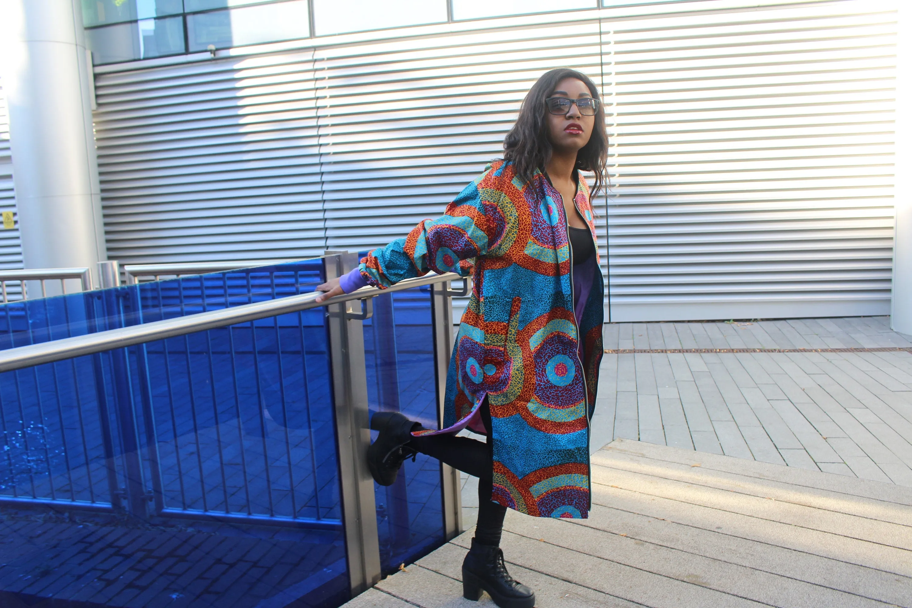 African Trench Coat in Blue Ankara Print - Festival Coat