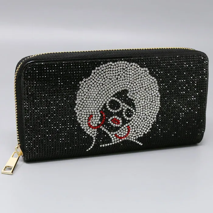 Afro Girl Rhinestone Zipper Wallet