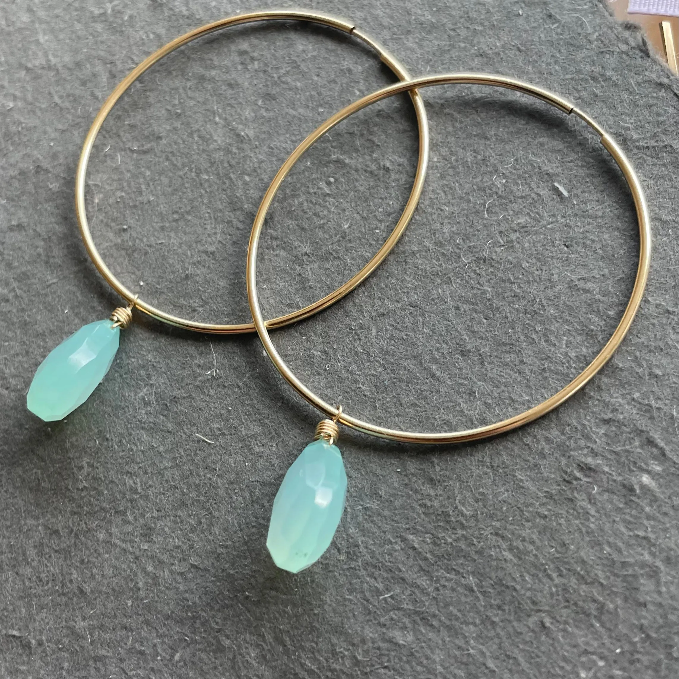 Aqua Chalcedony sliders and 14k Gold Filled Endless Hoop Earrings