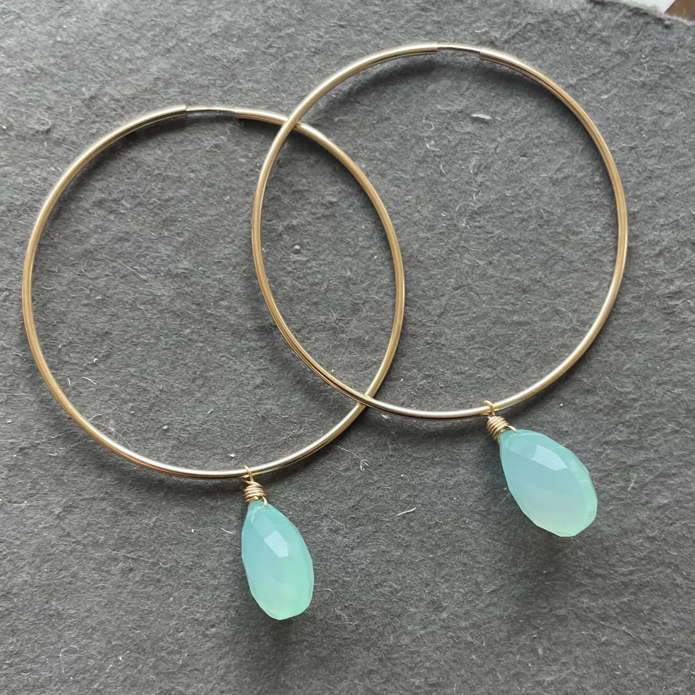 Aqua Chalcedony sliders and 14k Gold Filled Endless Hoop Earrings