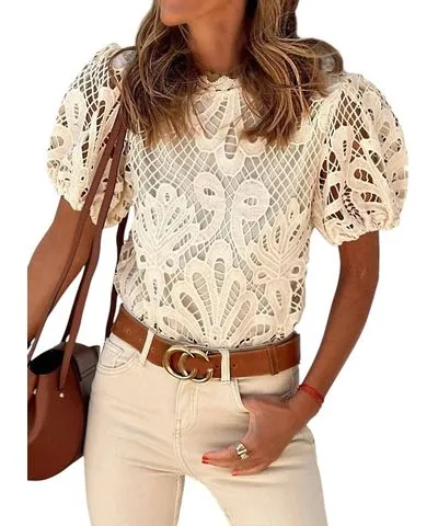 Beyond Apparel Cutout Short Sleeve Blouse In Cream