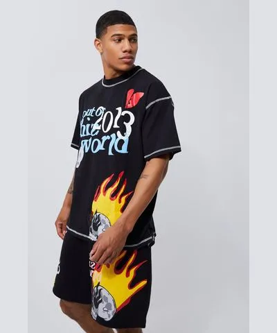 boohooMAN Mens Oversized Contrast Stitch Graphic Shorts Set