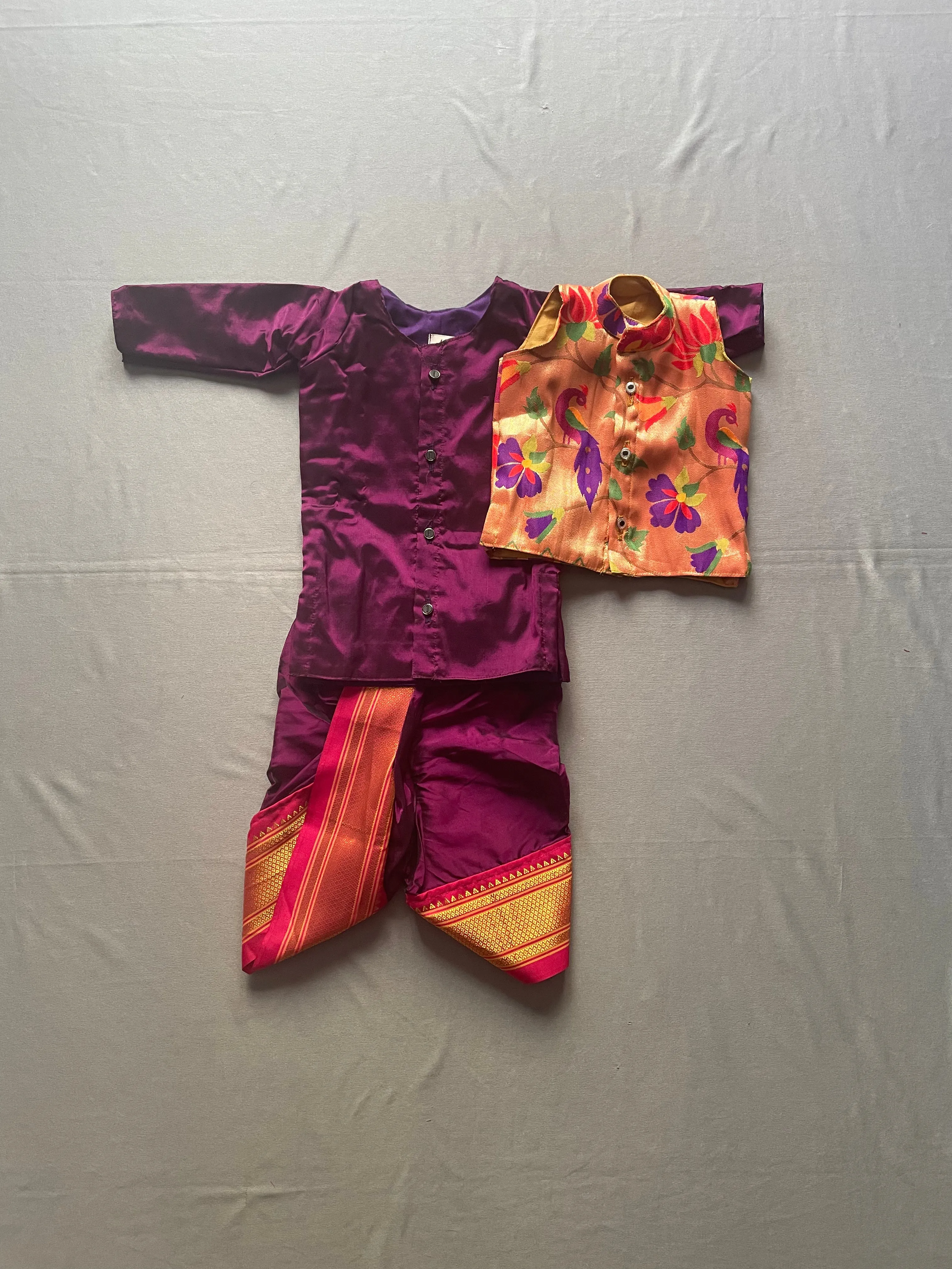 Boy's wine premium Paithani dhoti kurta with jacket-all over design