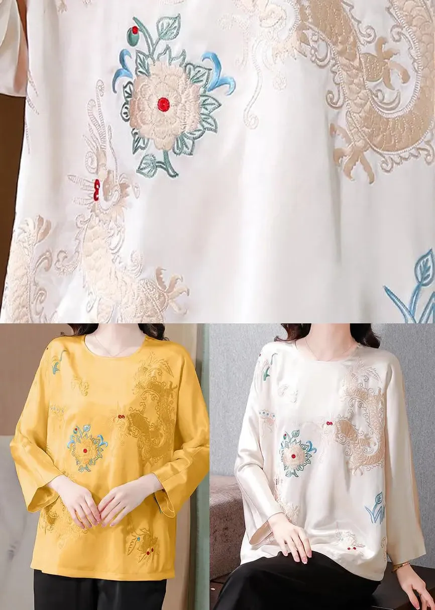 Casual Yellow Embroidered Silk Blouse Tops Spring HA1048