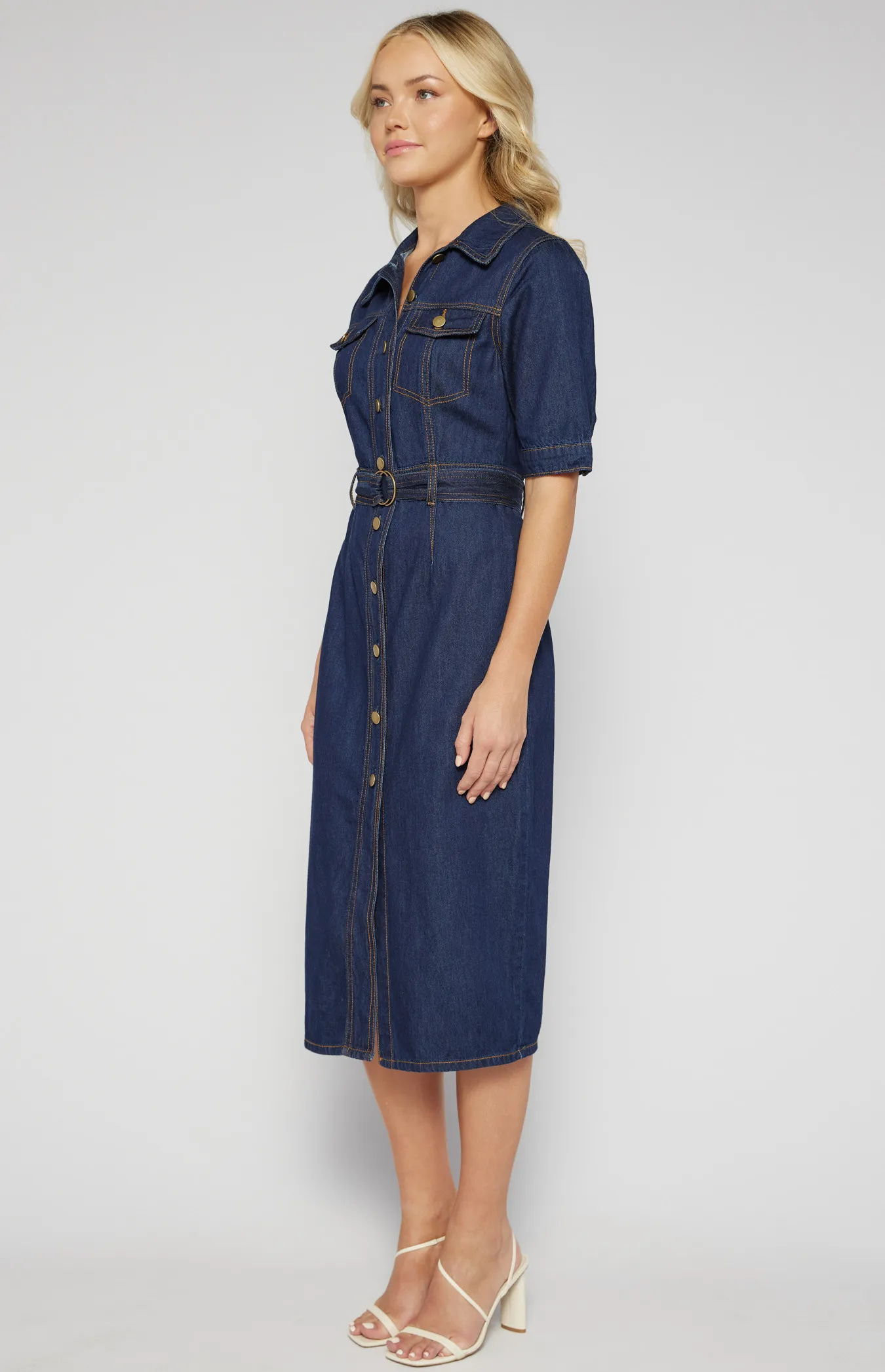 Contrast Stitching Button Up Denim Dress (SDM135) 