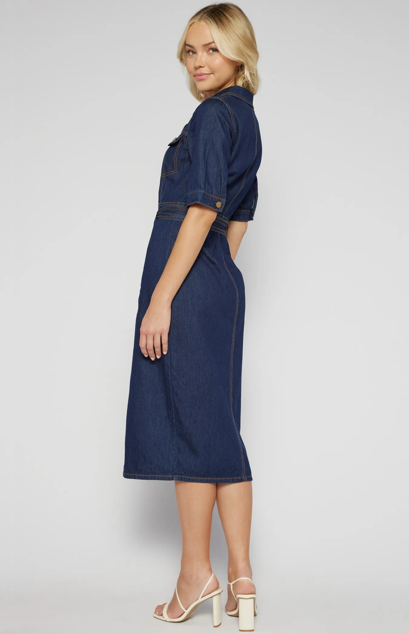 Contrast Stitching Button Up Denim Dress (SDM135) 