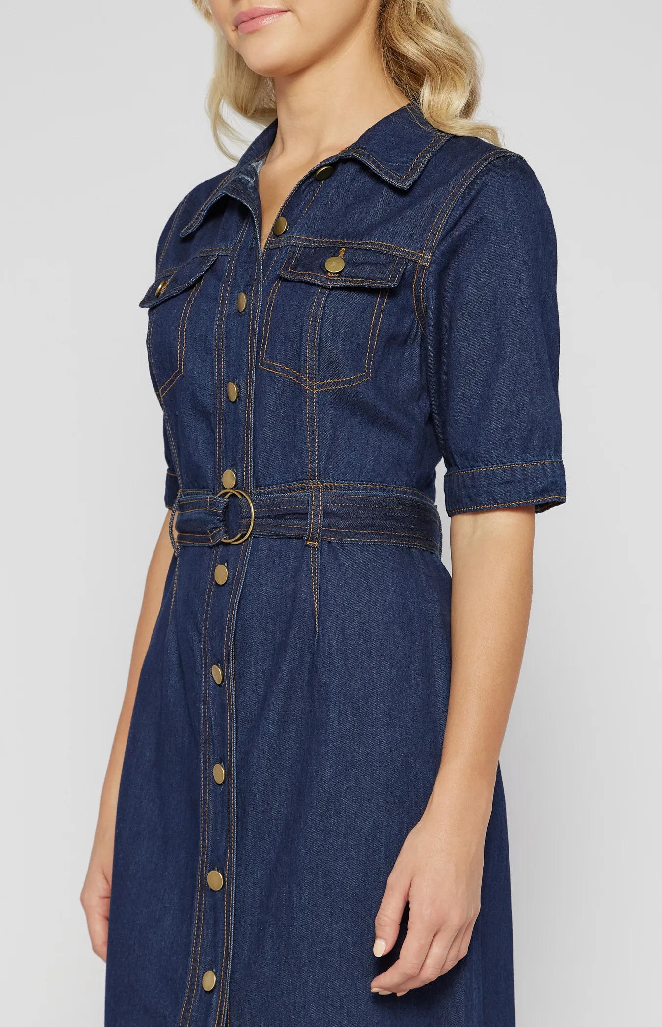 Contrast Stitching Button Up Denim Dress (SDM135) 