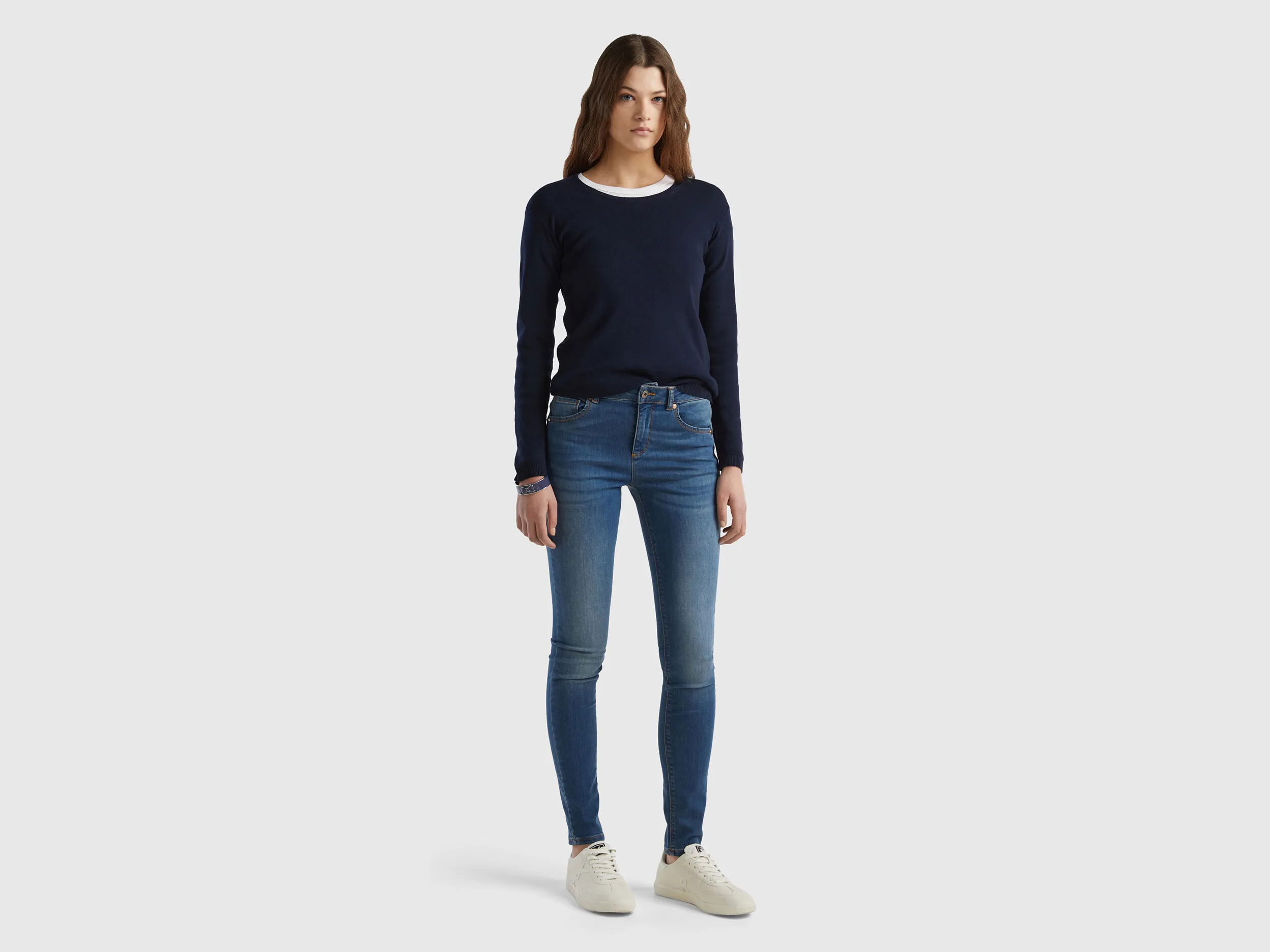 Crew neck sweater in pure cotton - Dark Blue | Benetton