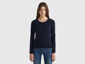 Crew neck sweater in pure cotton - Dark Blue | Benetton