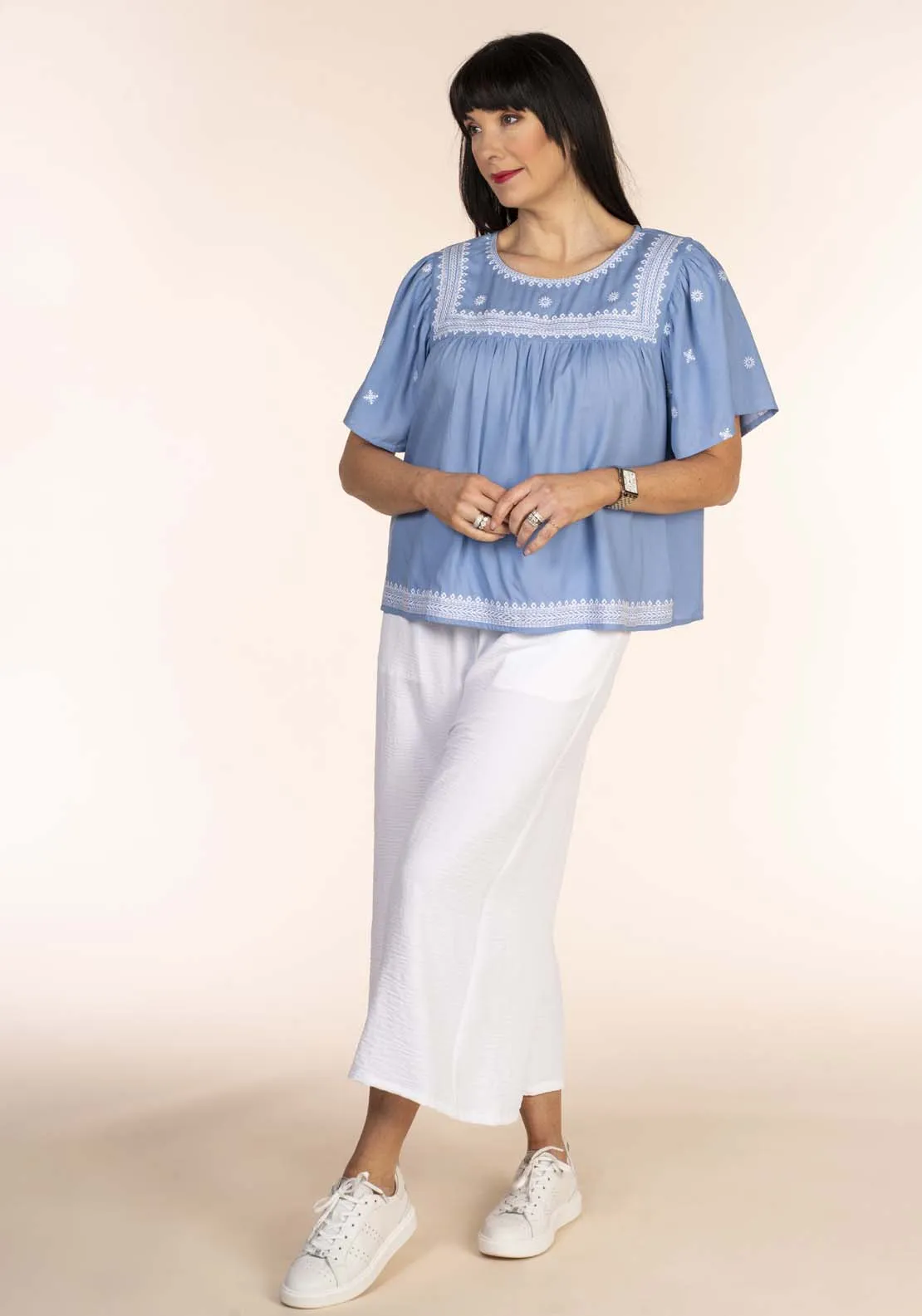 Embroidred Yoke Blouse - Blue