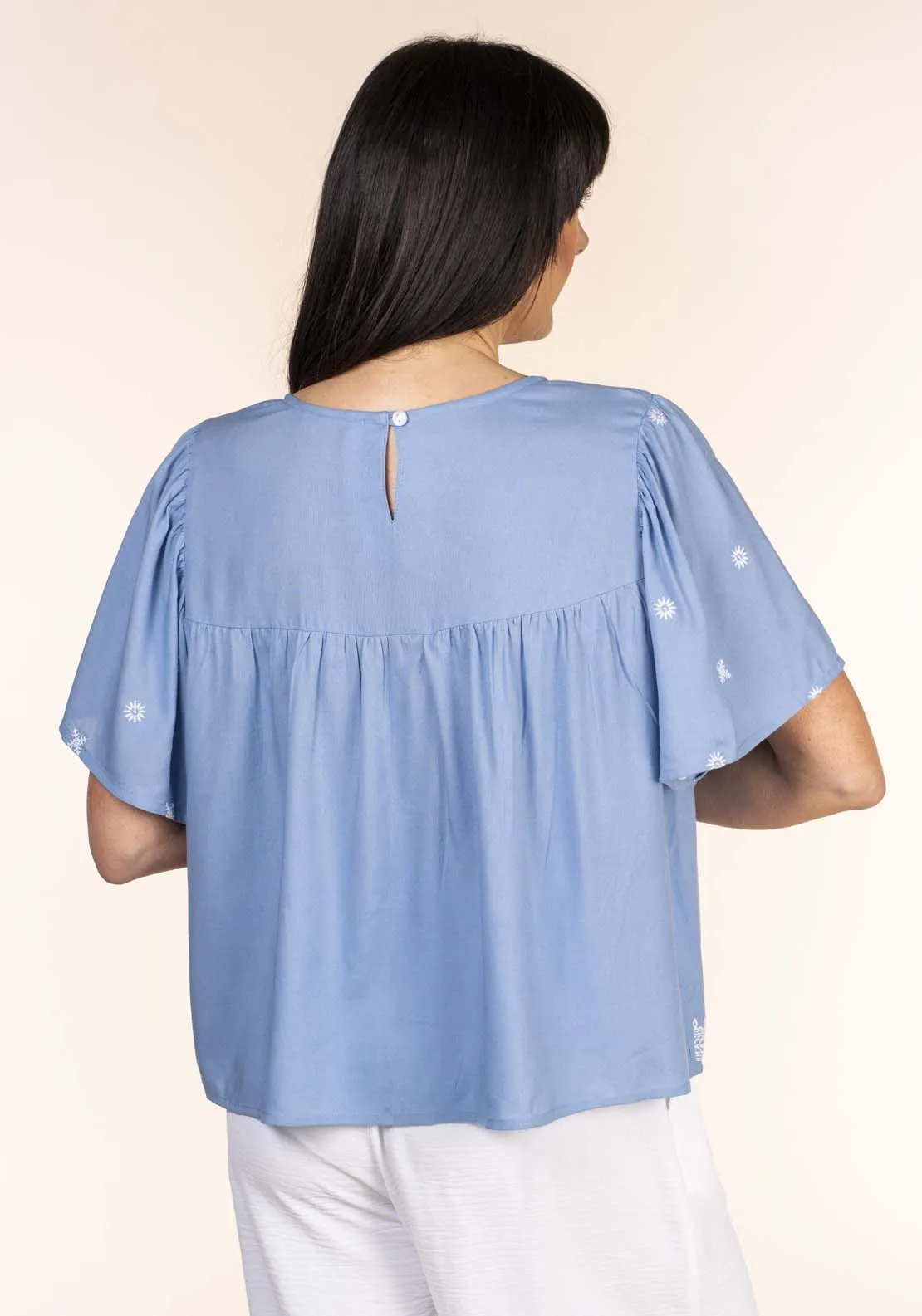 Embroidred Yoke Blouse - Blue