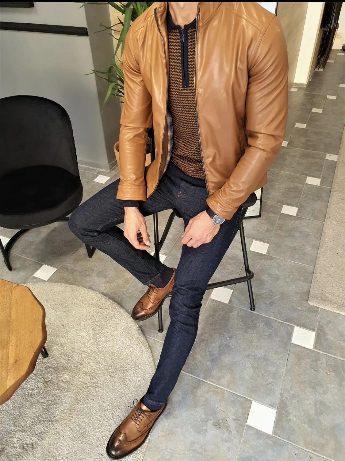 Forenzax Camel Slim Fit Leather Coat