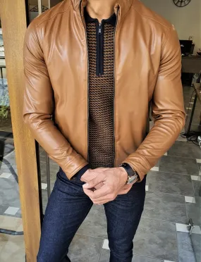 Forenzax Camel Slim Fit Leather Coat