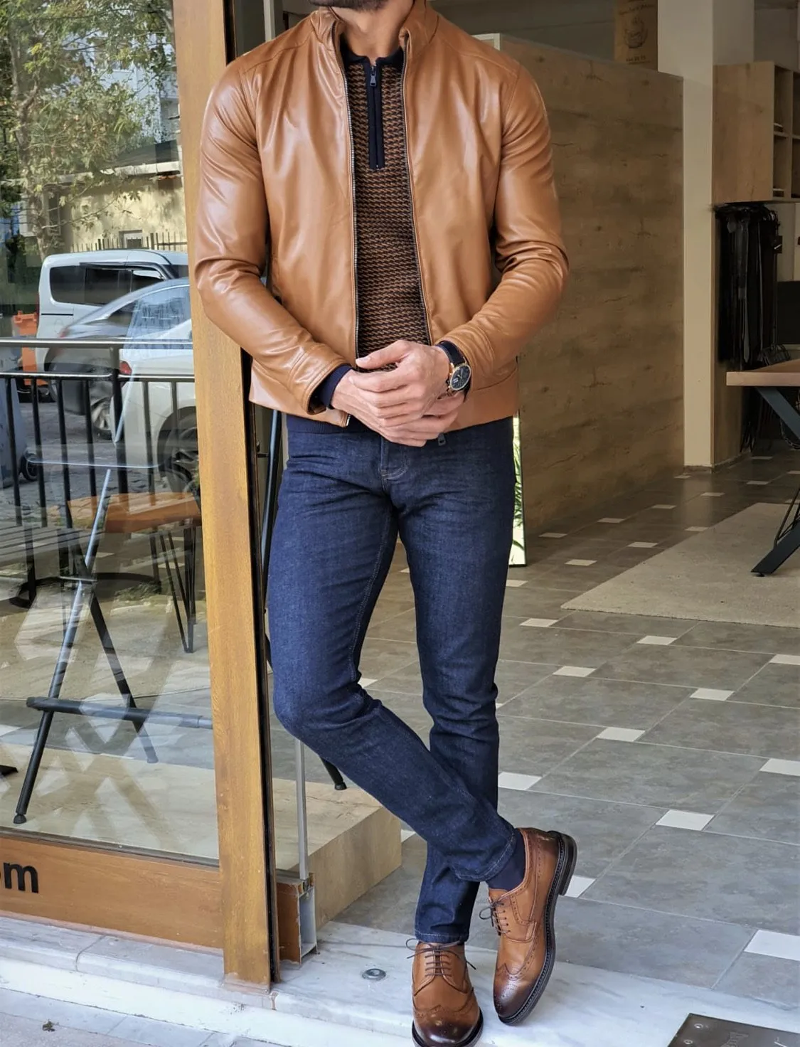 Forenzax Camel Slim Fit Leather Coat