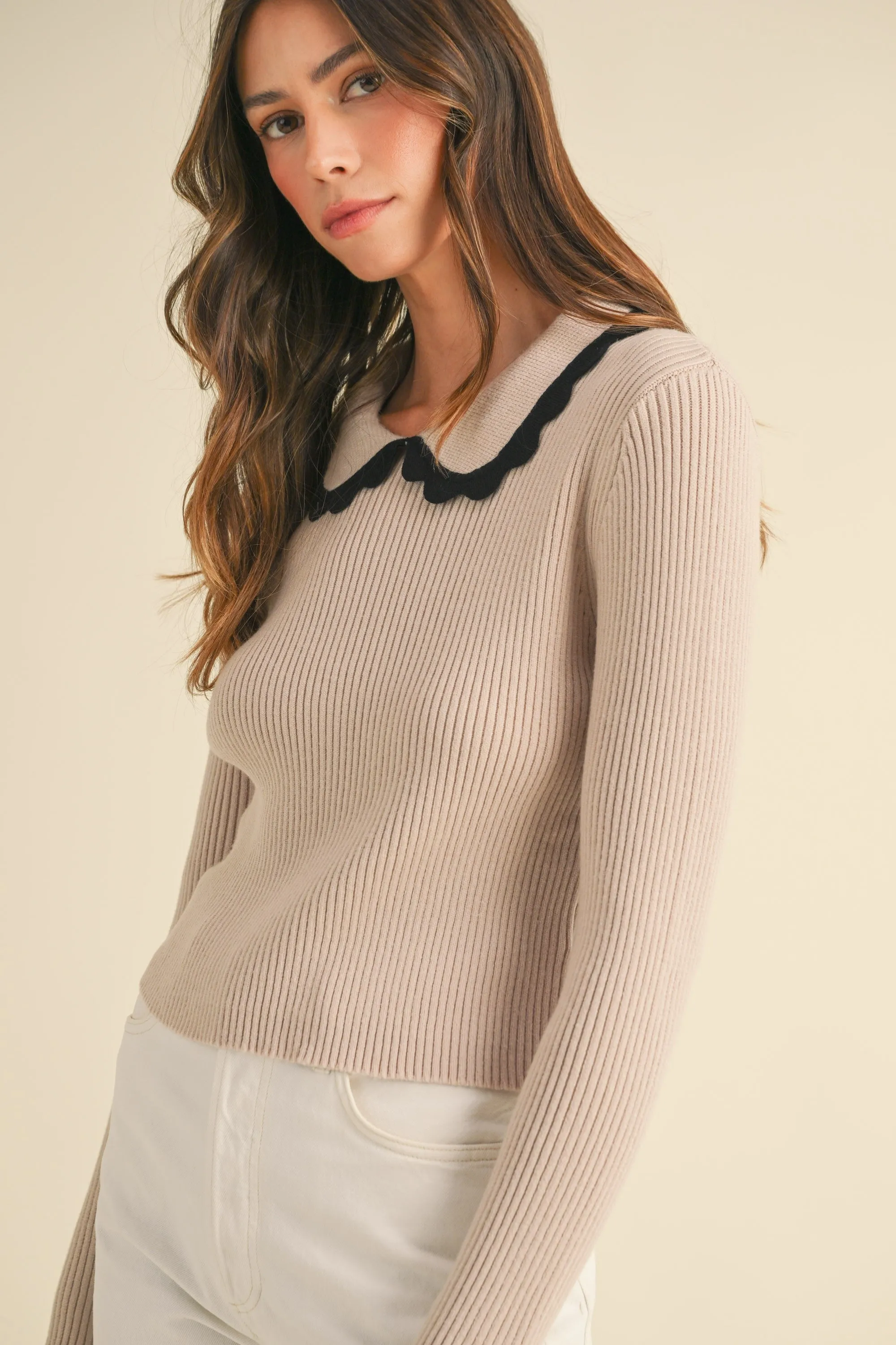 Frankie Scalloped Collar Sweater in Lt. Taupe