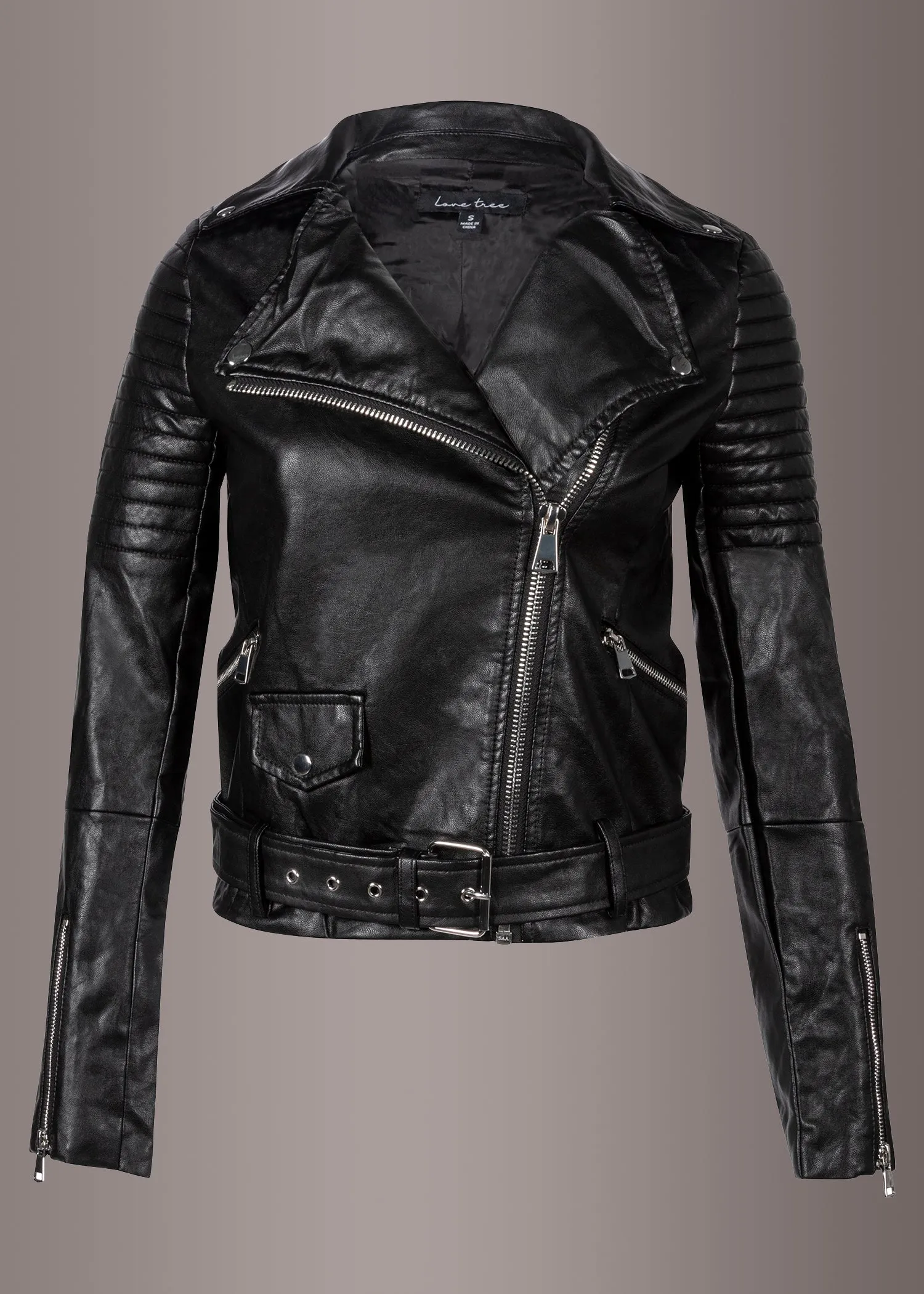 Free Bird Black Faux Leather Moto Jacket with Belt