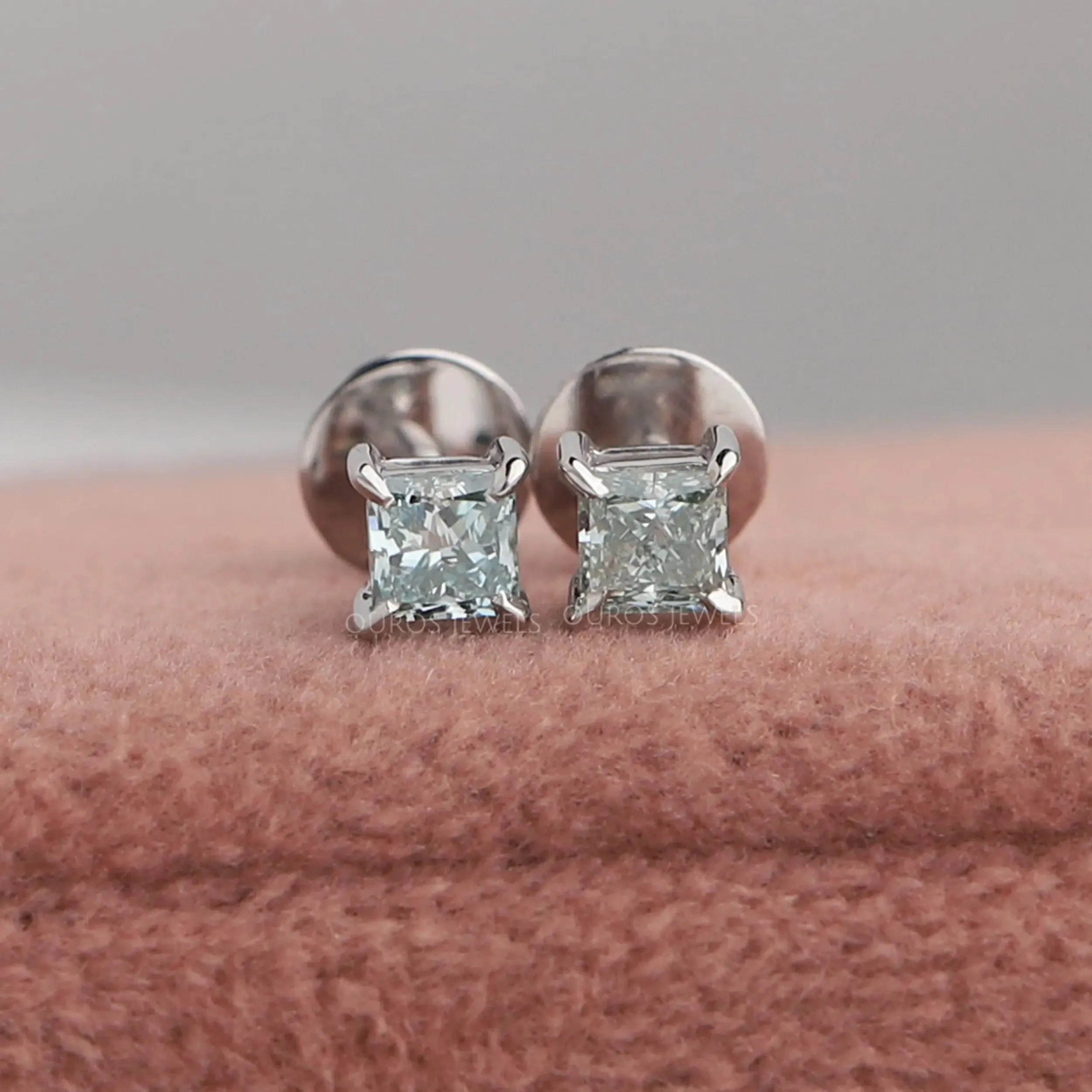 Green Princess Cut  Lab Grown Diamond Stud Earrings