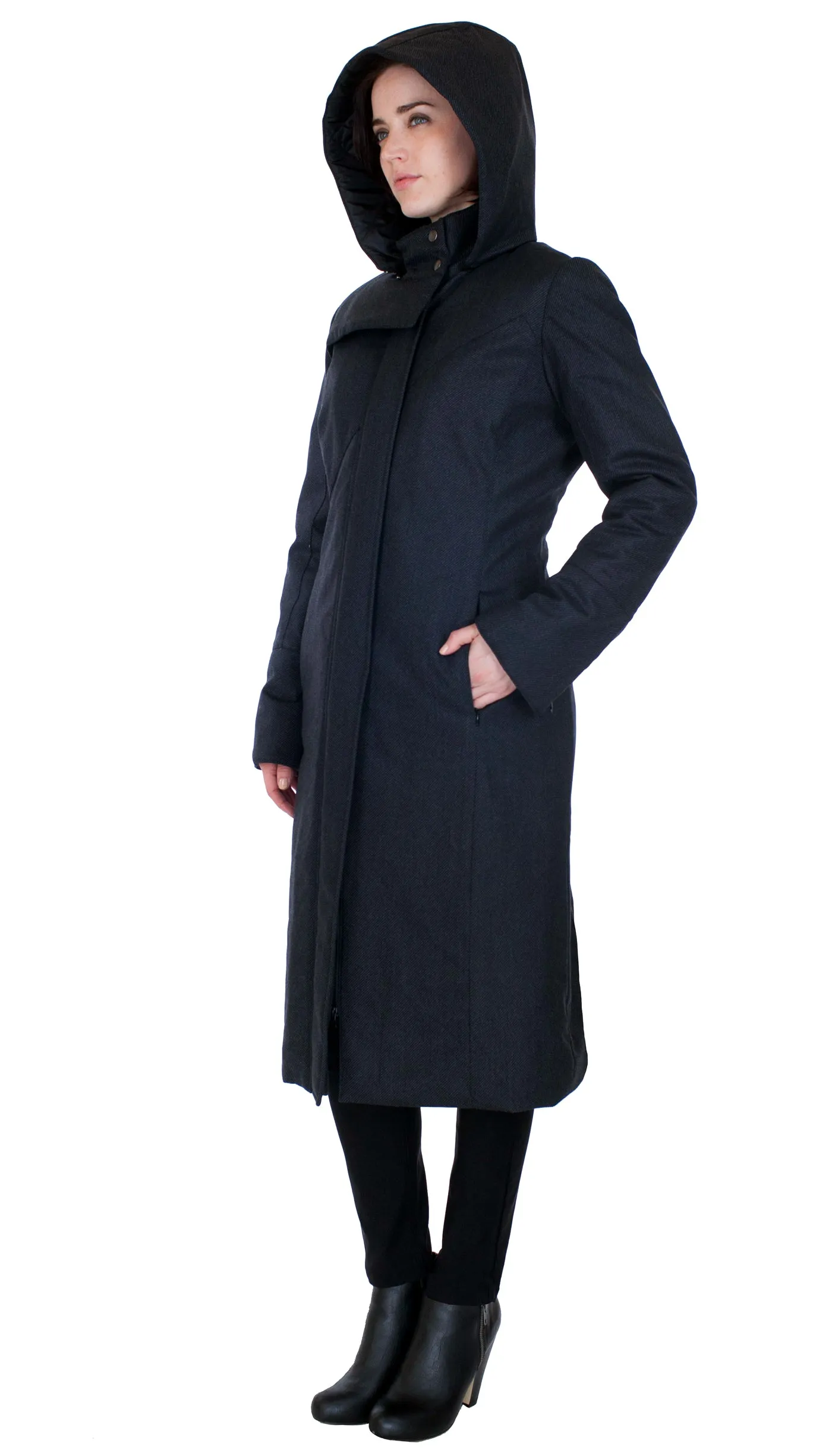 Hooded Mock Neck Zip Maxi Coat w/ Thinsulate Quilted Liner/ Charcoal Black Twill Wool Texture