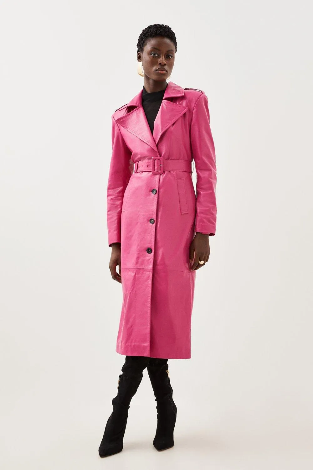 Leather Structured Collared Belted Coat | Karen Millen