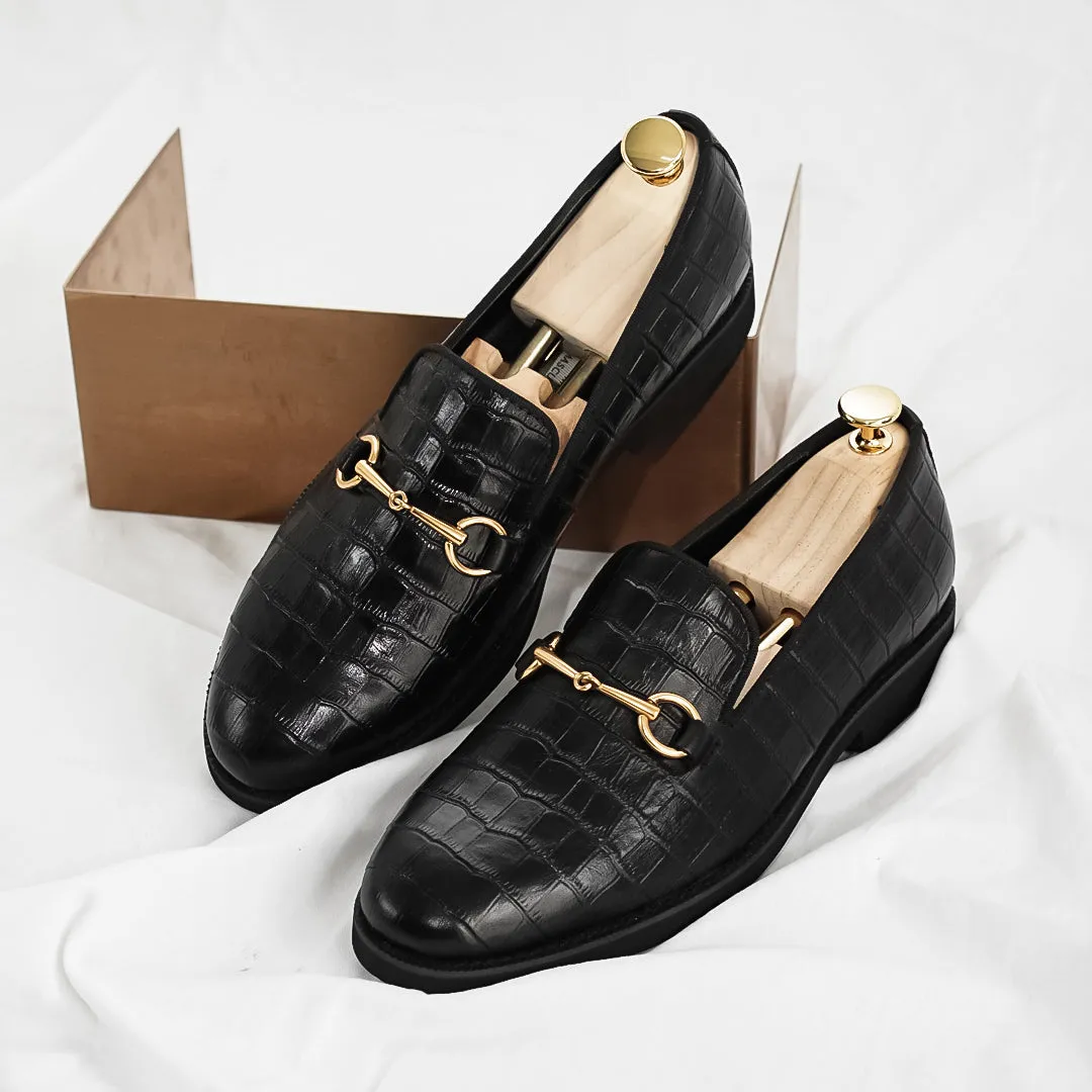 Loafer Slipper Horsebit Buckle - Black Croco Leather (Crepe Sole)