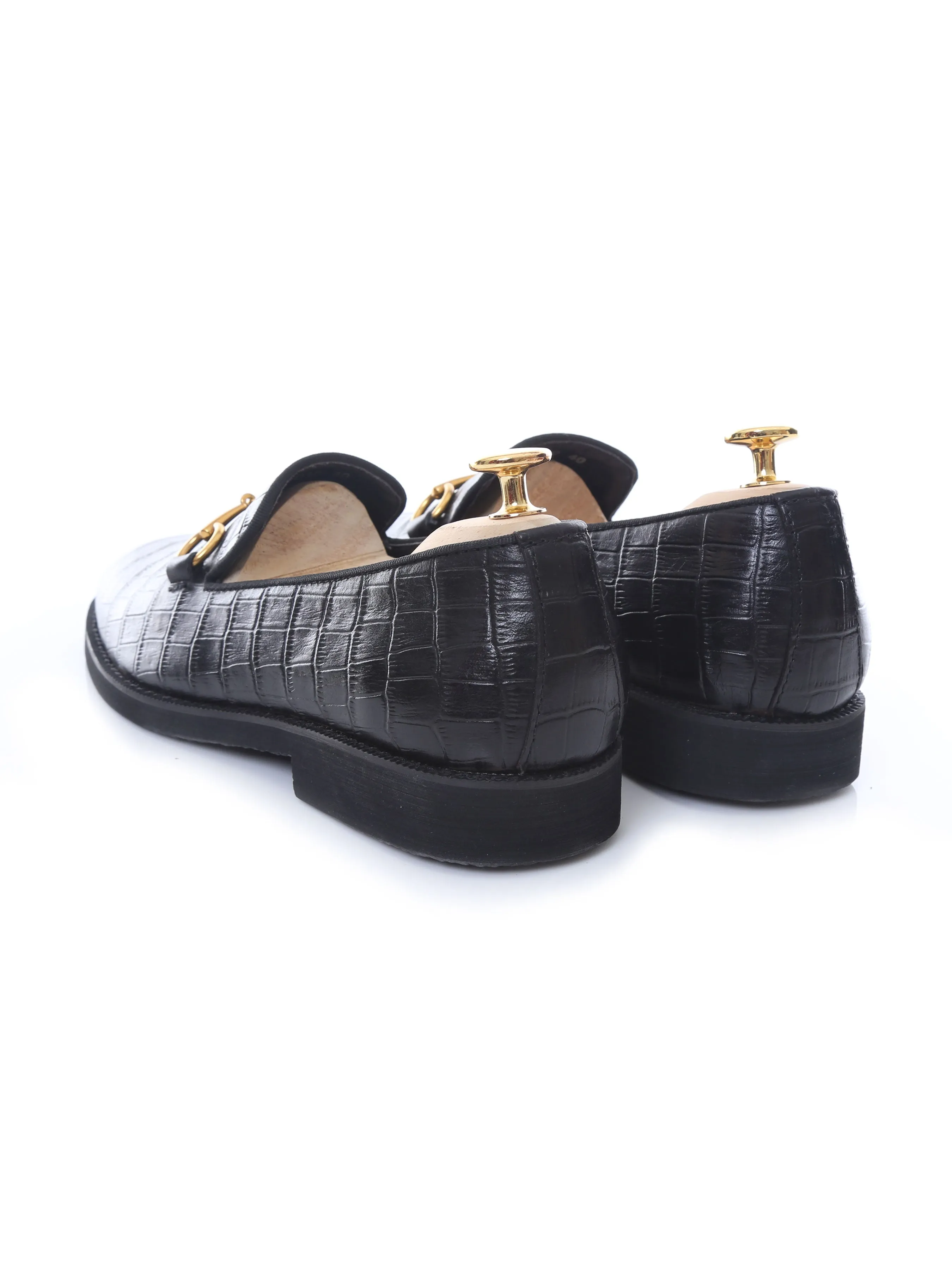 Loafer Slipper Horsebit Buckle - Black Croco Leather (Crepe Sole)