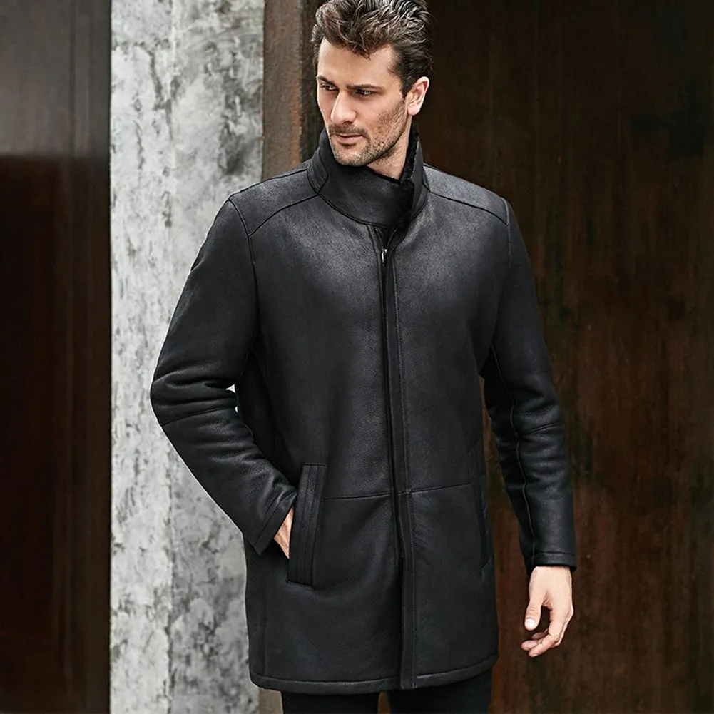 Men's Stand Collar Warm Black Shearling Leather Coat