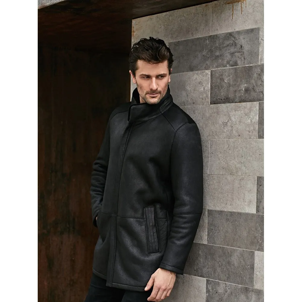 Men's Stand Collar Warm Black Shearling Leather Coat