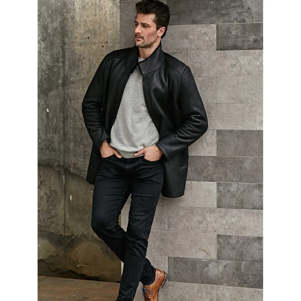 Men's Stand Collar Warm Black Shearling Leather Coat