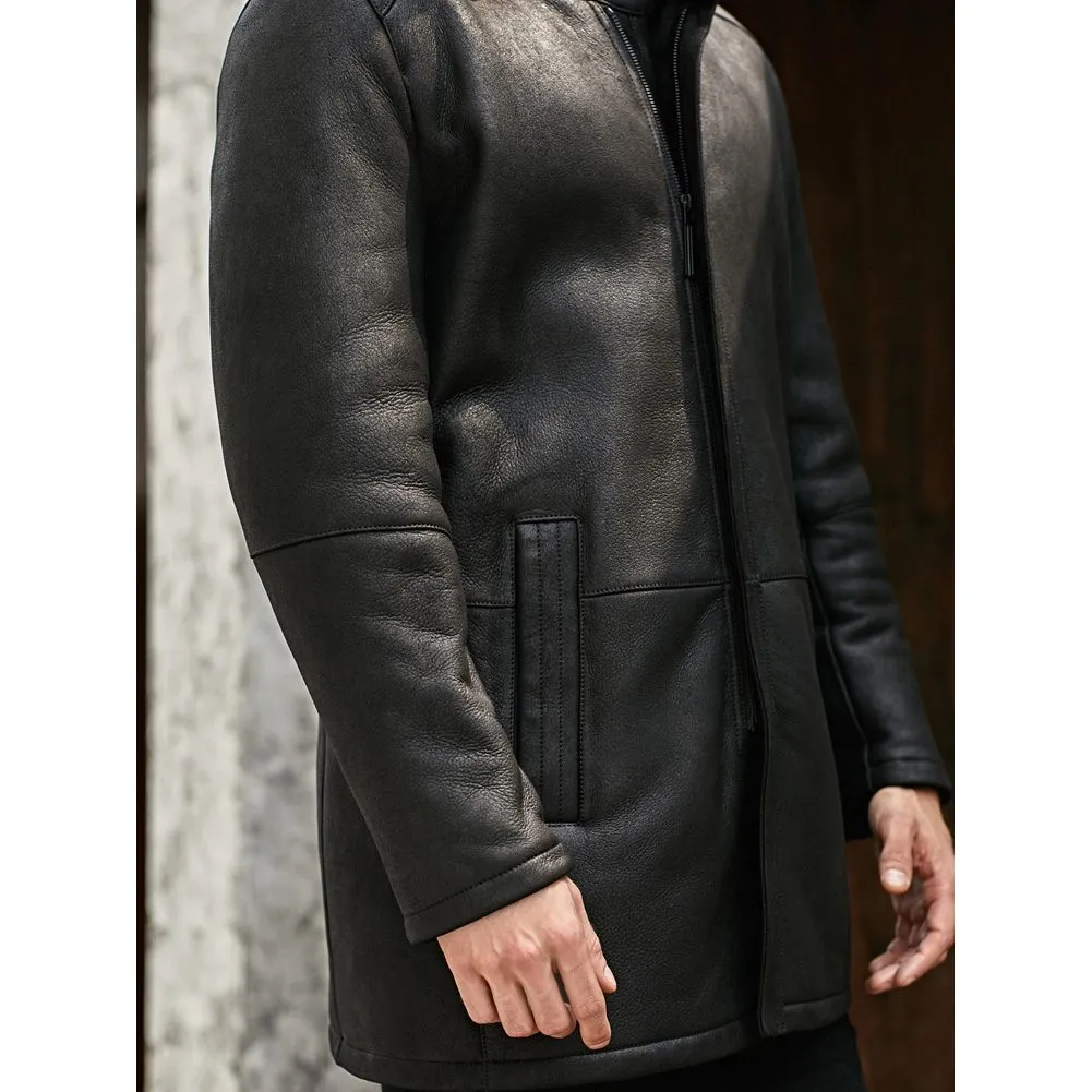 Men's Stand Collar Warm Black Shearling Leather Coat