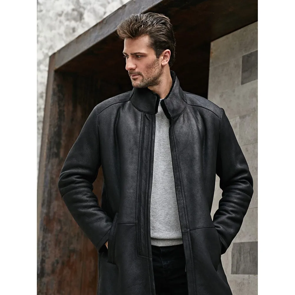 Men's Stand Collar Warm Black Shearling Leather Coat