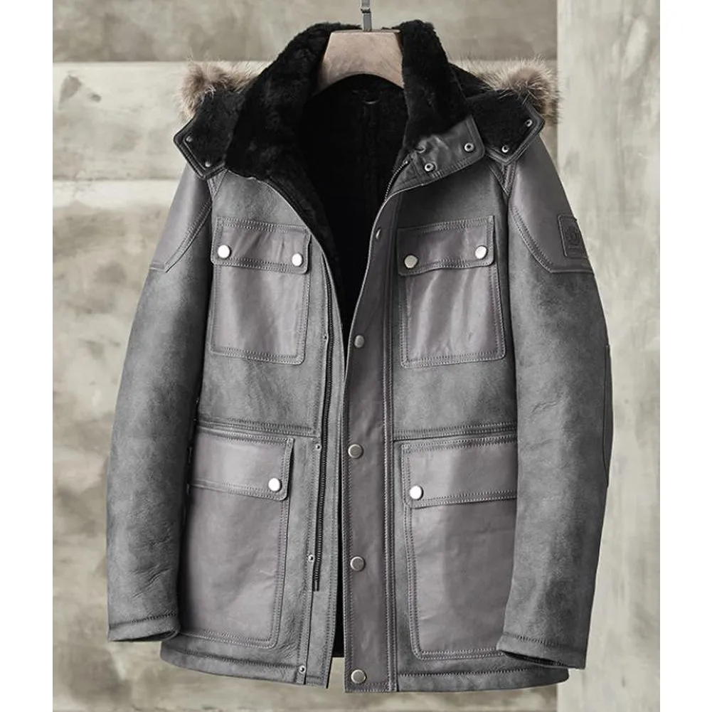 Mens B3 Grey Sheepskin Coat | Detachable hooded Shearling Coats