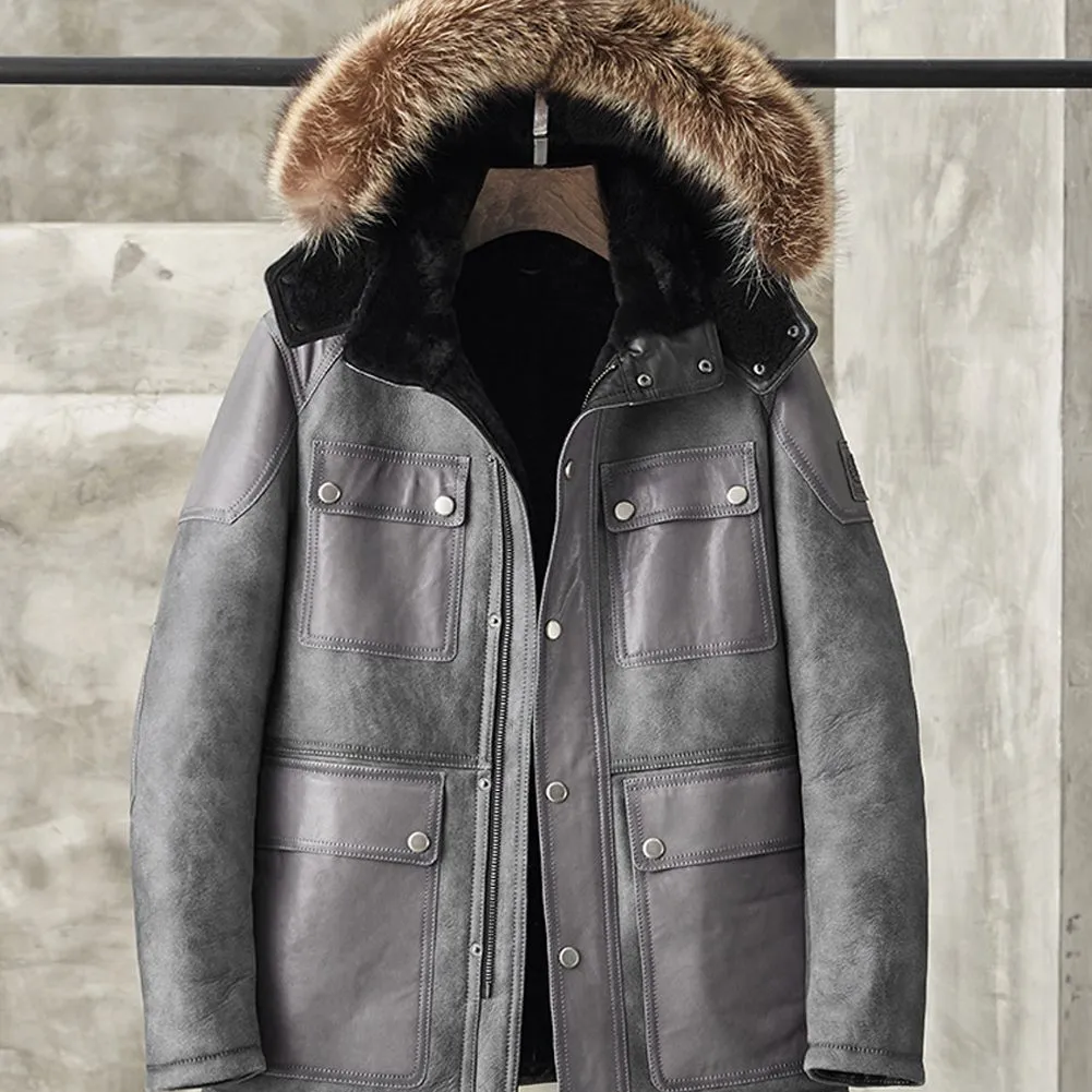 Mens B3 Grey Sheepskin Coat | Detachable hooded Shearling Coats