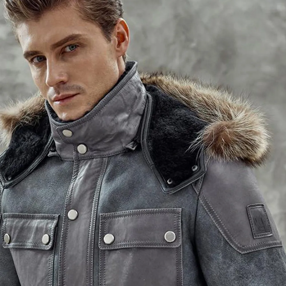 Mens B3 Grey Sheepskin Coat | Detachable hooded Shearling Coats