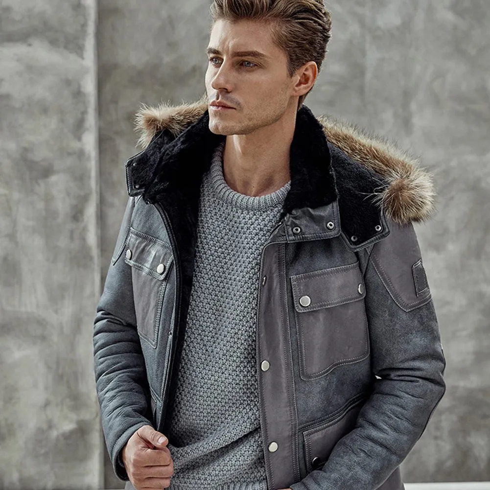 Mens B3 Grey Sheepskin Coat | Detachable hooded Shearling Coats