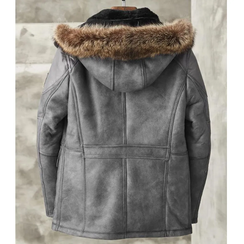 Mens B3 Grey Sheepskin Coat | Detachable hooded Shearling Coats