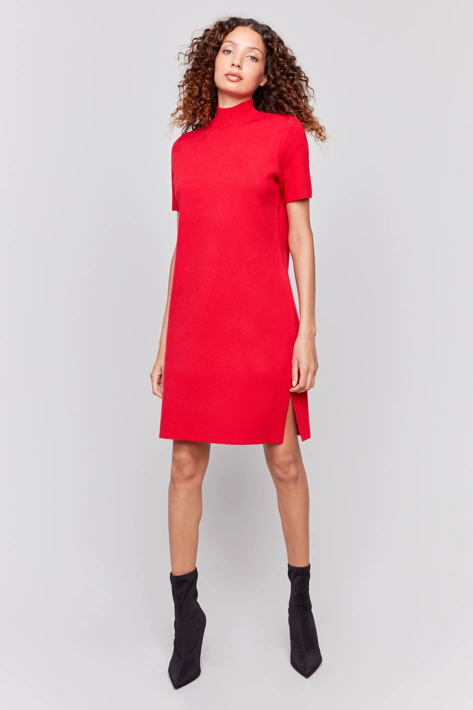 Mock Neck Short Sleeve Sweater Dress with Side Slits