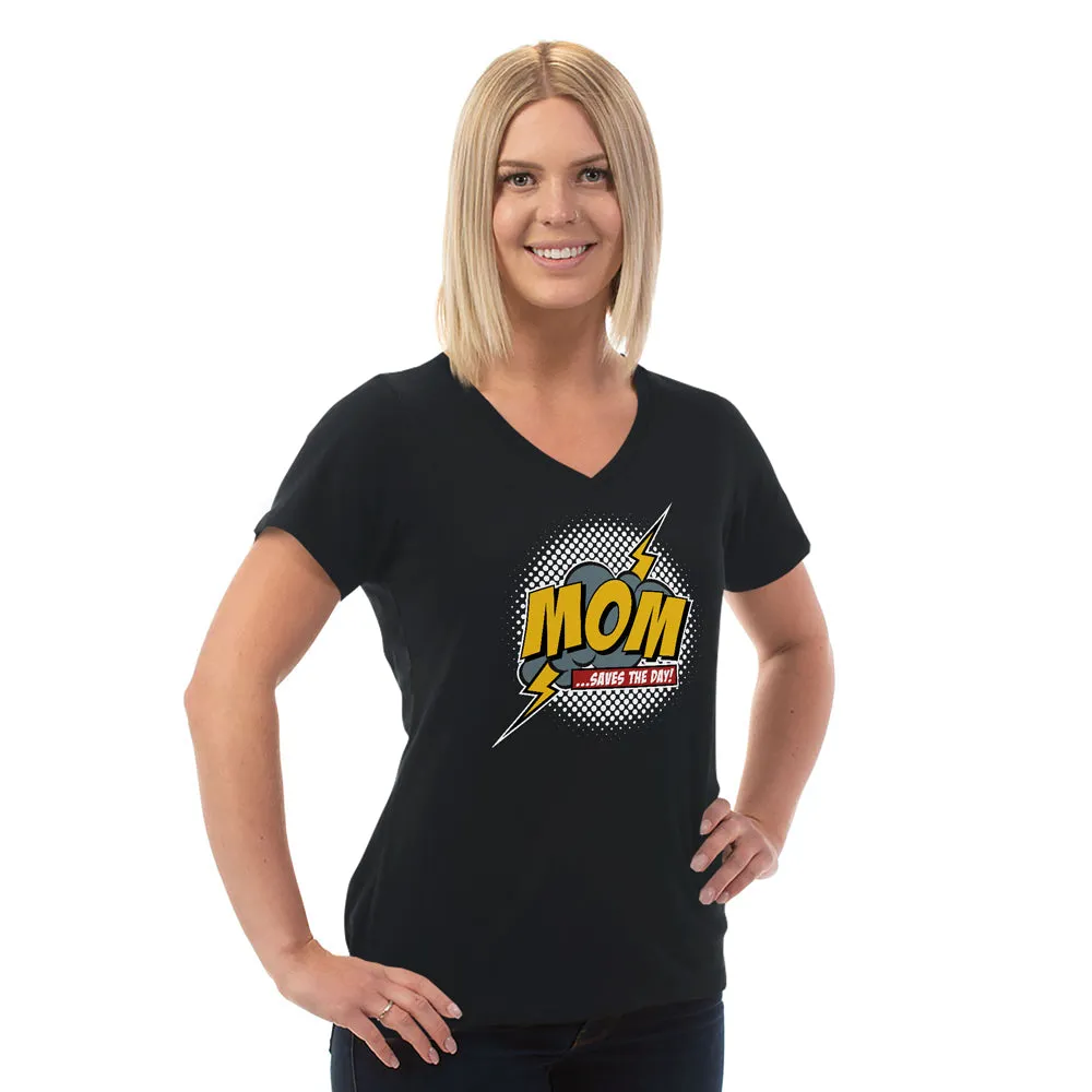 Mom Saves The Day Ladies Cotton V-Neck T-Shirt