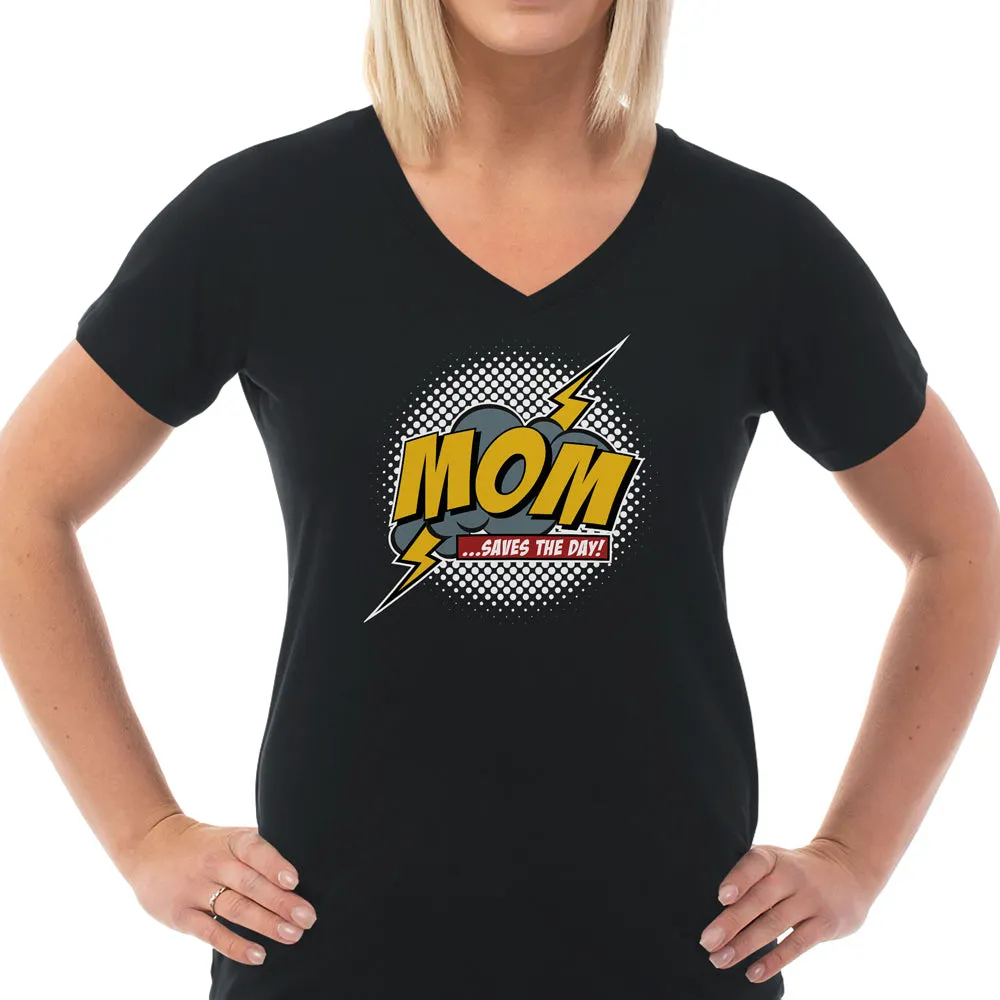 Mom Saves The Day Ladies Cotton V-Neck T-Shirt