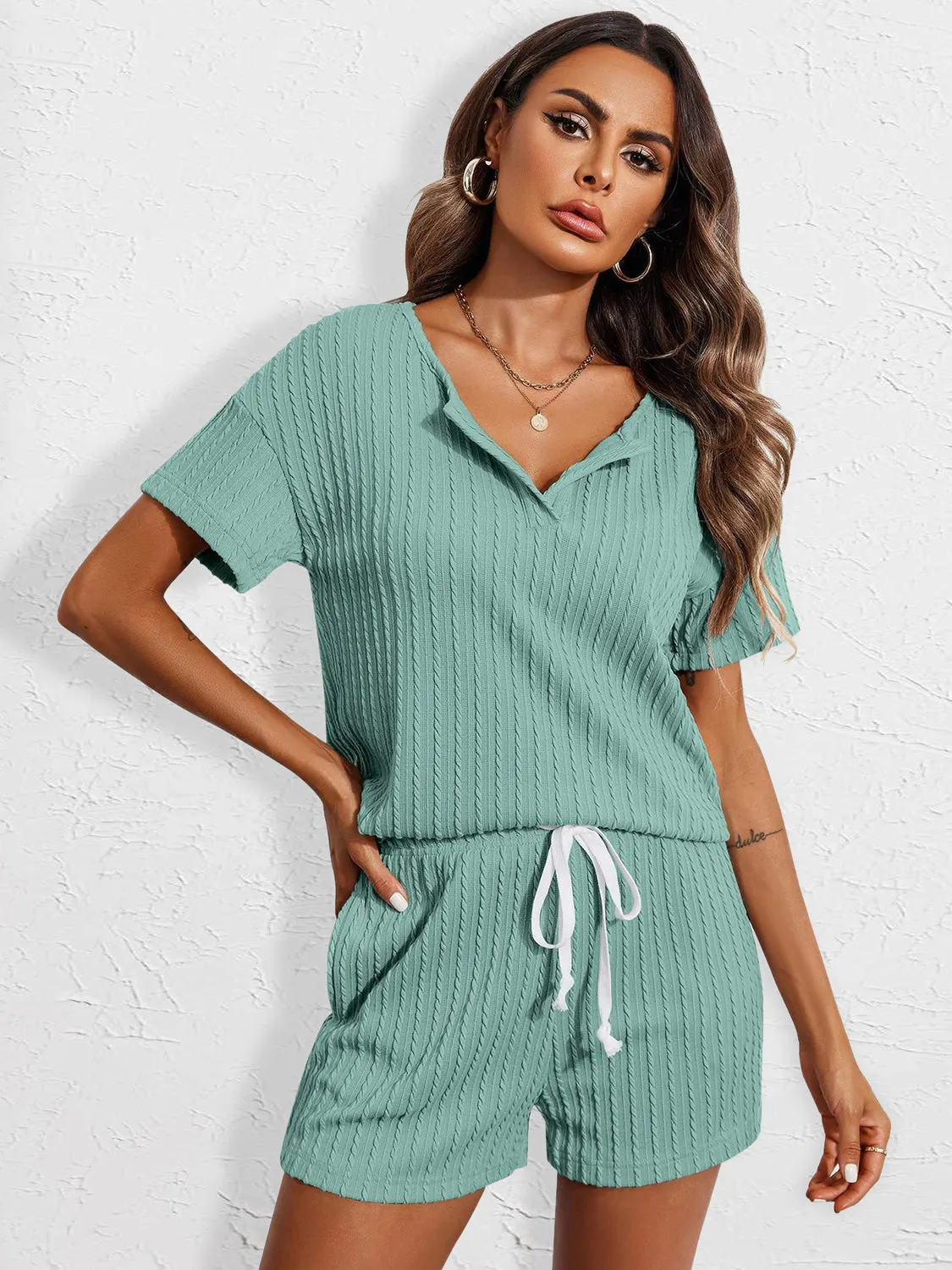 Notched Short Sleeve Top and Shorts Set - Ships 7/25