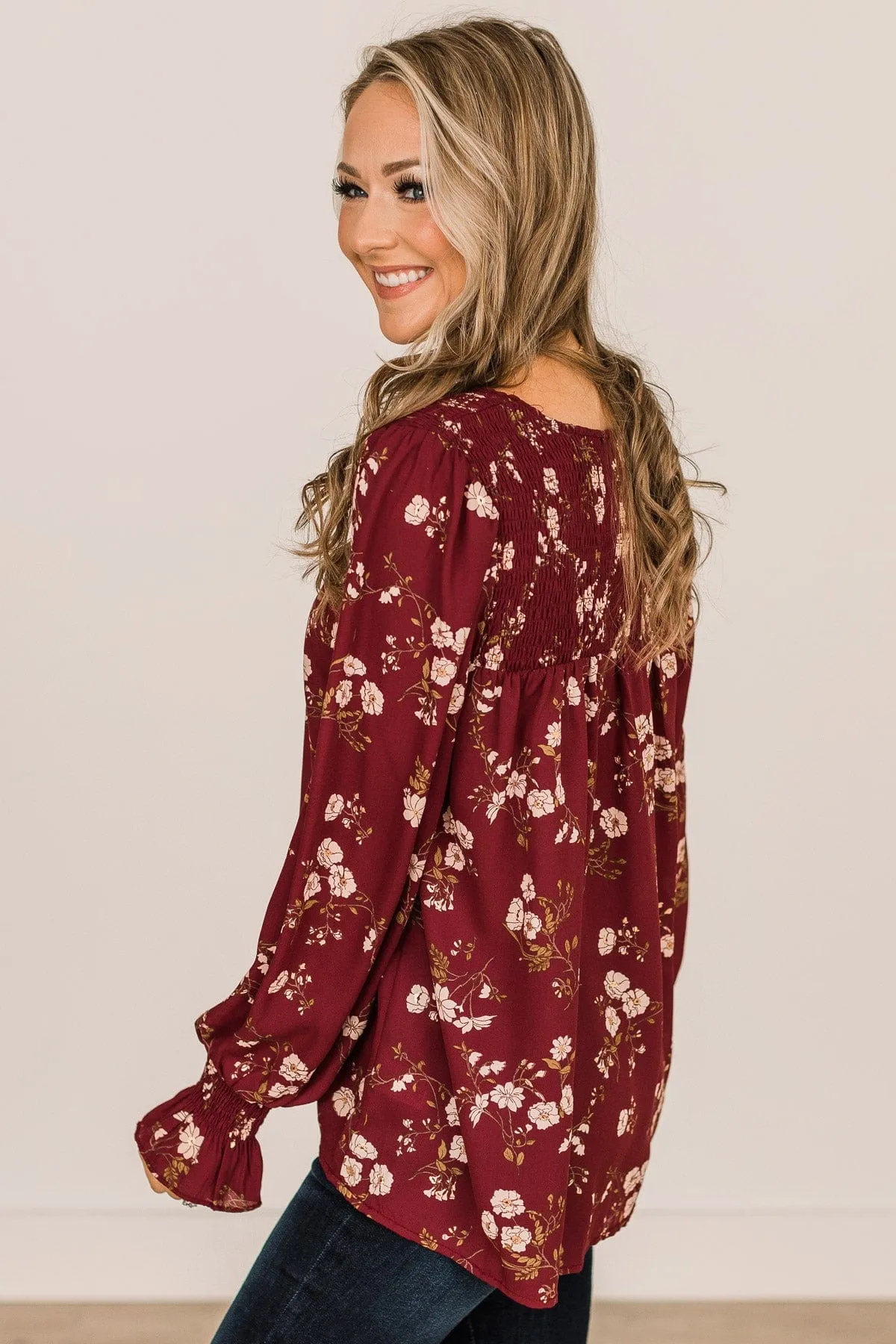 Note To Self Floral Smocked Blouse- Maroon