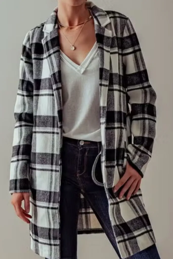 Open Front Long Flannel Plaid Coat