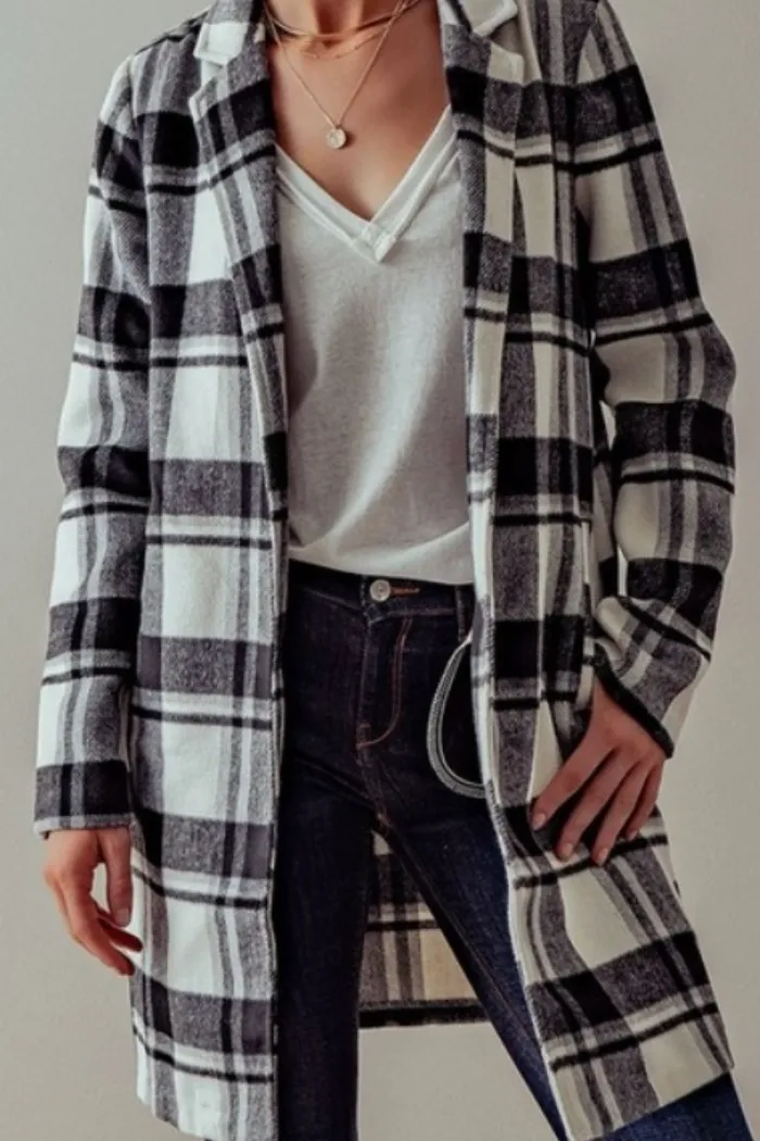 Open Front Long Flannel Plaid Coat