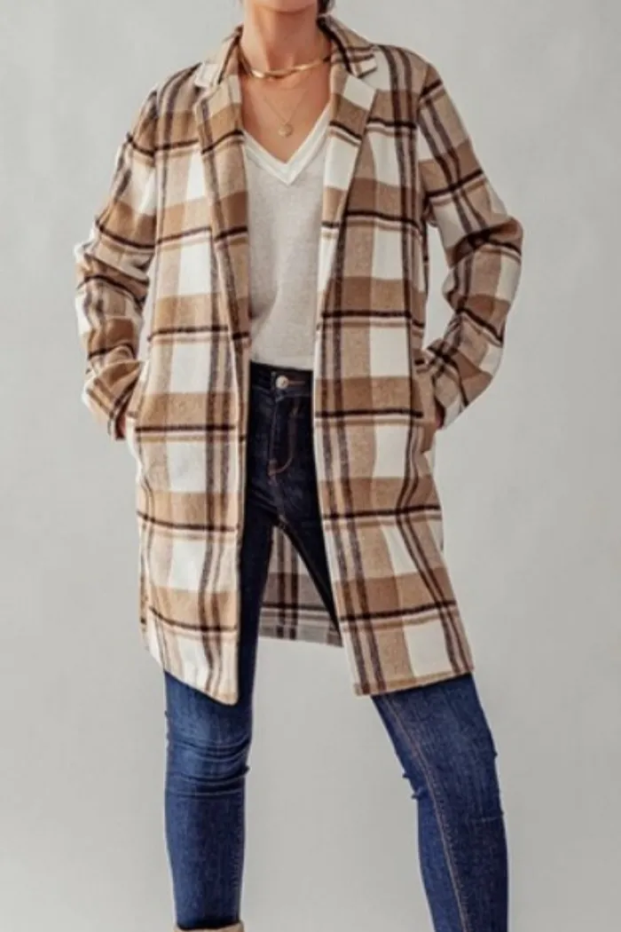 Open Front Long Flannel Plaid Coat