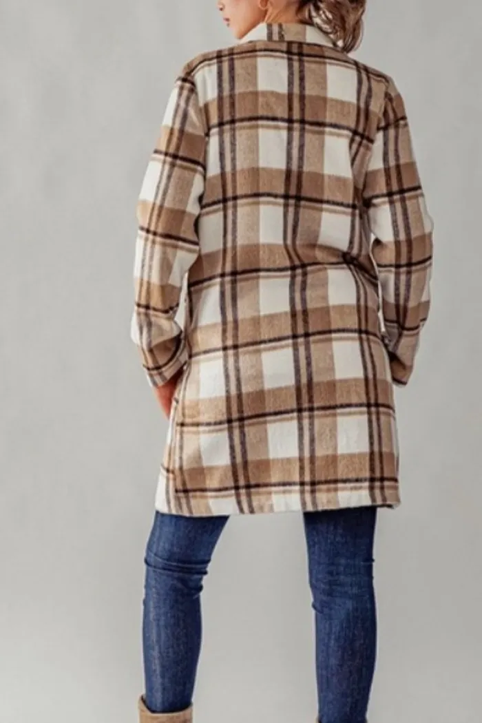 Open Front Long Flannel Plaid Coat