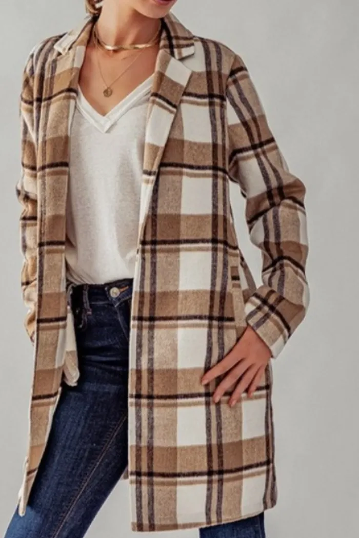 Open Front Long Flannel Plaid Coat