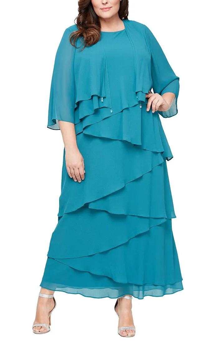 *Plus Chiffon Gown with Asymmetric Tiered Tank Dress & Open Jacket