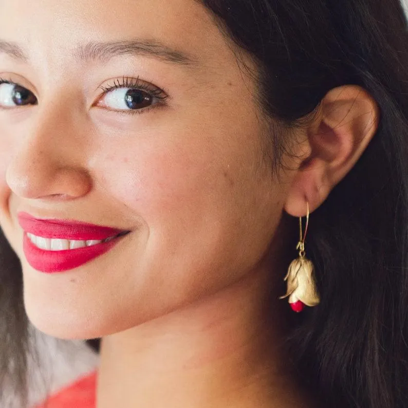 Red Flower Bud Hanging Earrings-WS