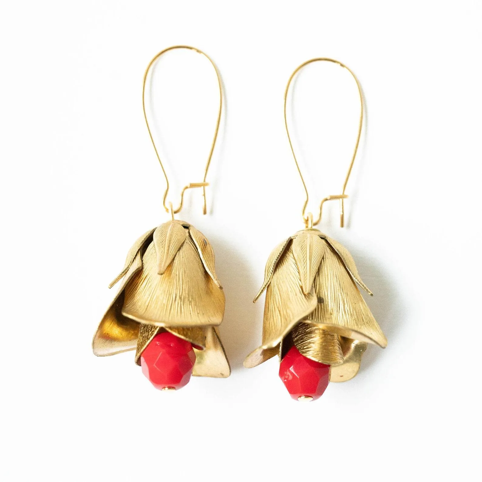 Red Flower Bud Hanging Earrings-WS